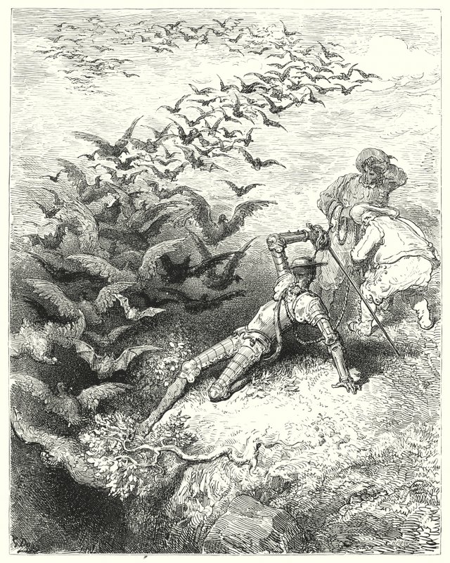 Don Quijote: "Eine unendliche Anzahl von übergroßen Krähen und Dolen kam aus der Höhle gestürzt und flatterte heraus" (Gravur) von Gustave Dore