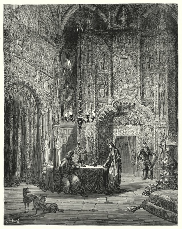 Eine andere Jungfrau kommt in den Raum und beginnt ihm zu erzählen, was für ein Schloss das ist und wie sie darin verzaubert ist (Illustration von Don Quixote) von Gustave Dore