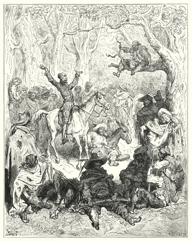 Gustave Dorés Don Quixote: "Don Quixote, auf Rozinante reitend, deklamierte sehr ausführlich gegen ihre Lebensweise" von Gustave Dore