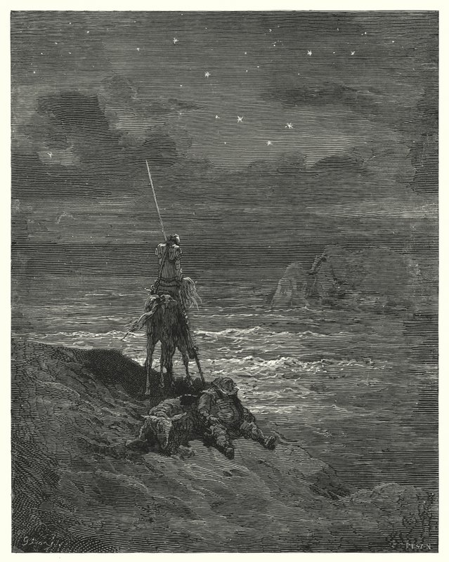 Gustave Dorés Don Quixote: "Don Quixote blieb dort und wartete auf den Anbruch des Tages" von Gustave Dore