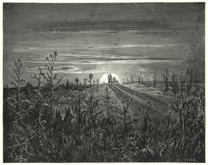 Gustave Dorés Don Quixote: "Freund Sancho," sagte Don Quixote, "ich finde, die herannahende Nacht wird uns einholen, bevor wir Toboso erreichen können" von Gustave Dore
