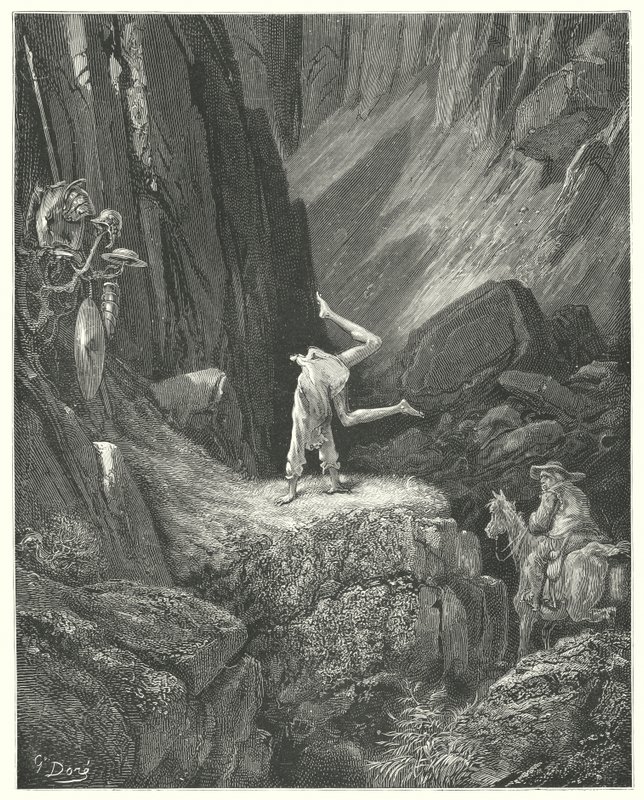 Gustave Dorés Don Quixote: "Er machte zwei oder drei Sprünge in die Luft und landete dann auf seinen Händen, wobei er zweimal hintereinander seine Fersen über seinen Kopf warf" von Gustave Dore