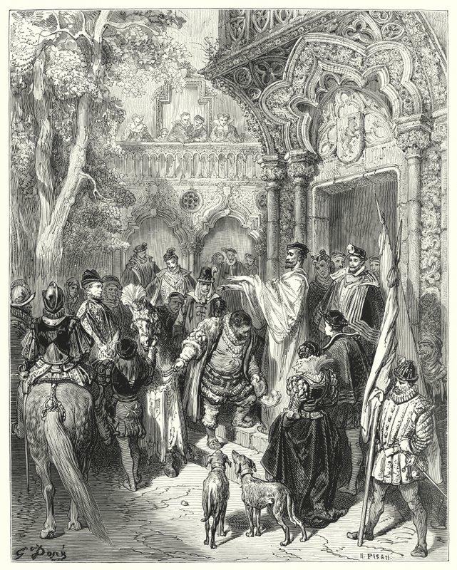 Gustave Dorés Don Quixote: "Er küsste die Hand des Herzogs und der Herzogin beim Abschied und erhielt den Segen seines Herrn" von Gustave Dore