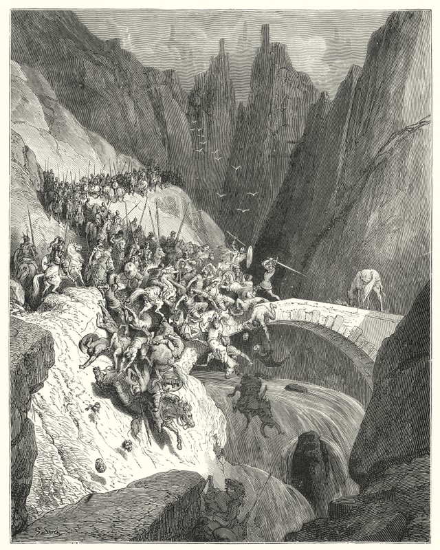 Gustave Dorés Don Quixote: "Wie Don Diego Garcia mit seiner einzigen Kraft den Durchgang einer Brücke gegen eine große Armee verteidigte" von Gustave Dore