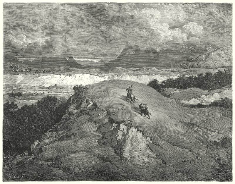 Gustave Dorés Don Quixote: "Es war Nacht, bevor unsere beiden Reisenden den einsamsten Teil des Berges erreichten" von Gustave Dore