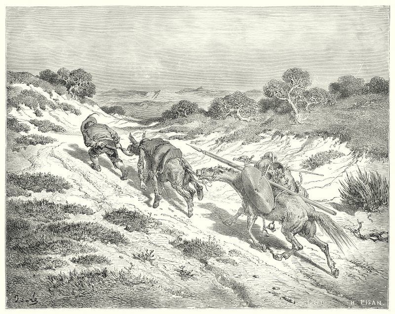 Gustave Dorés Don Quixote: "Er führte den Esel am Halfter und nahm den nächstgelegenen Weg, den er zur Hauptstraße erraten konnte" von Gustave Dore