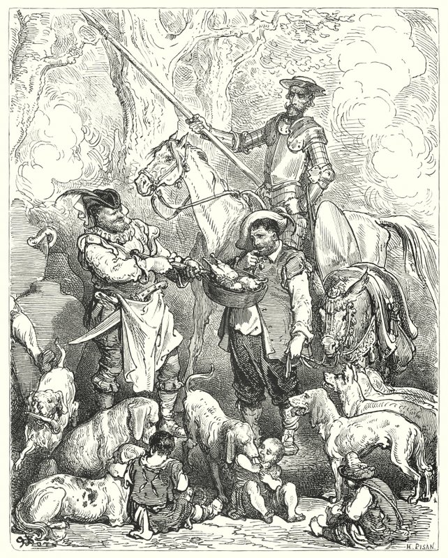 Gustave Dorés Don Quixote: "Versuche, deinen Magen damit zu beruhigen, bis das Abendessen fertig ist" von Gustave Dore
