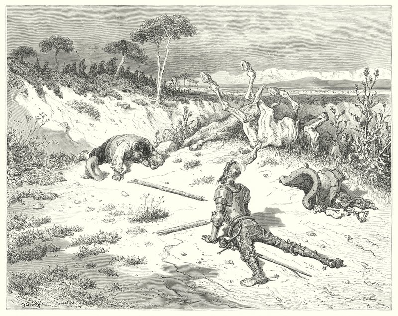 Gustave Dorés Don Quixote: "Sancho, ich habe immer gehört, dass es wie Wasser ins Meer werfen ist, wenn man Bauern einen Gefallen tut" von Gustave Dore