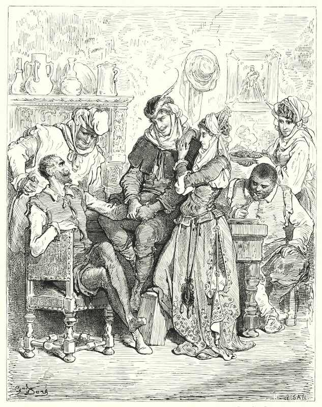 Gustave Dorés Don Quixote: "Sancho und sein Herr verweilten drei Tage bei dem jungen Paar und wurden wie Fürsten bewirtet" von Gustave Dore