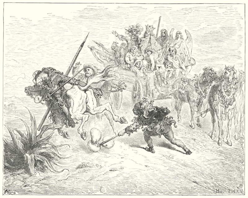 Gustave Dorés Don Quixote: "Der Narr des Stücks kam mit seinen Schellen tanzend herbei" von Gustave Dore