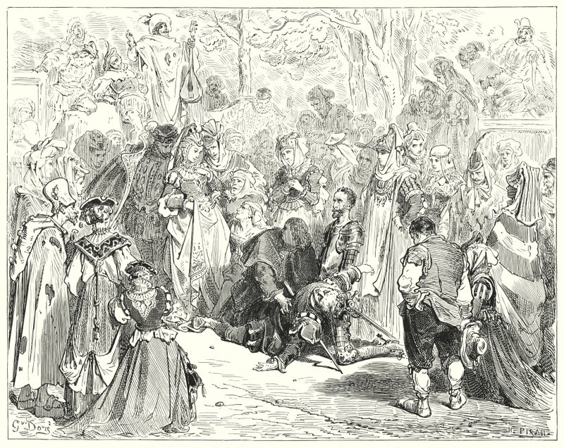 Gustave Dorés Don Quixote: "Die arme Jungfrau, zitternd und verängstigt, ohne ein Wort zu sprechen, kam zu dem armen Basil" von Gustave Dore