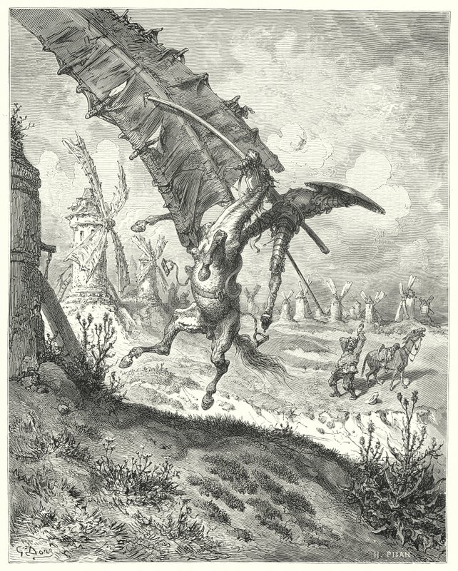 Gustave Dorés Don Quixote: "Das Segel schleuderte sowohl Ritter als auch Pferd mit sich fort" von Gustave Dore