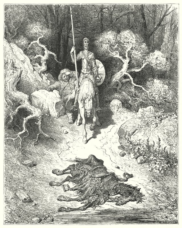 Gustave Dorés Don Quixote: "Sie kamen zu einem Park, wo sie ein totes Maultier fanden" von Gustave Dore