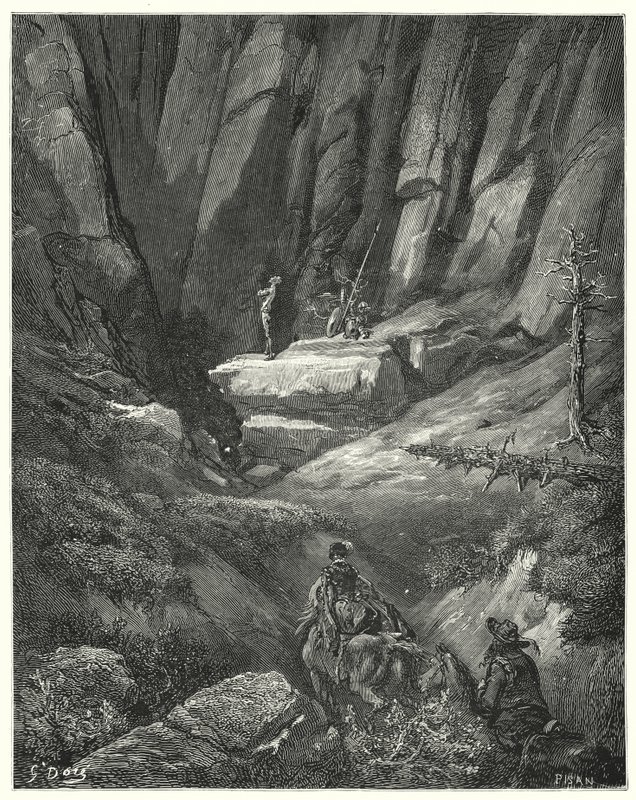 Gustave Dorés Don Quixote: "Sie gingen etwa drei Viertel einer Meile weiter und entdeckten dann unter den Felsen Don Quixote, der inzwischen seine Kleidung, aber nicht seine Rüstung angelegt hatte" von Gustave Dore