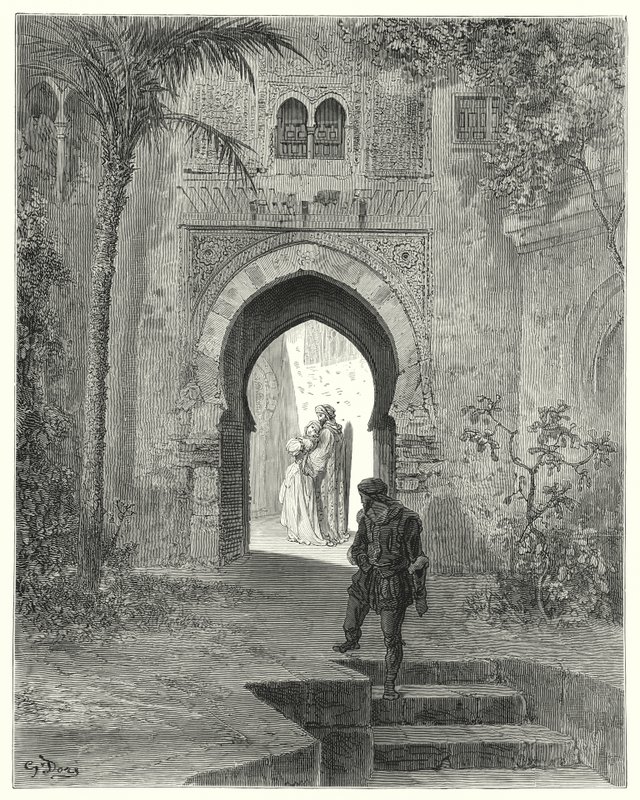 Don Quijote: "Zoraida, die Besorgnis in ihrem Blick zeigte, ging mit ihrem Vater weg" (Gravur) von Gustave Dore
