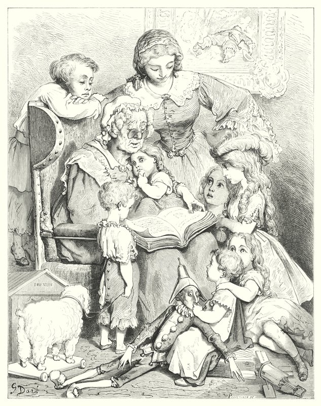 Das Vorlesen von Geschichten in der Familie (Gravur) von Gustave Dore