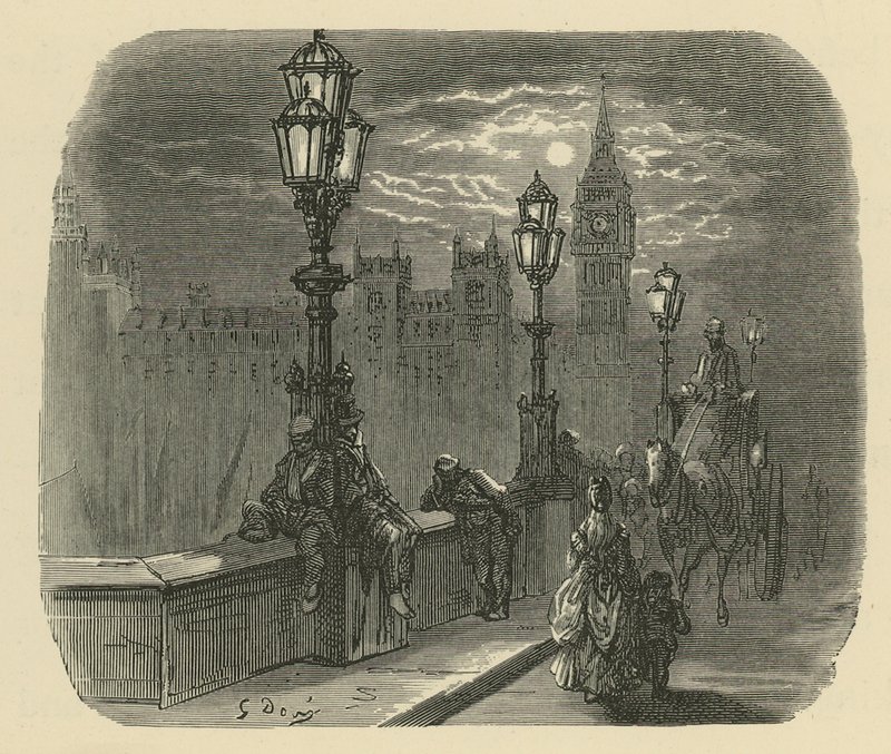 Menschen und Kutschen auf der Westminster Bridge von Gustave Dore
