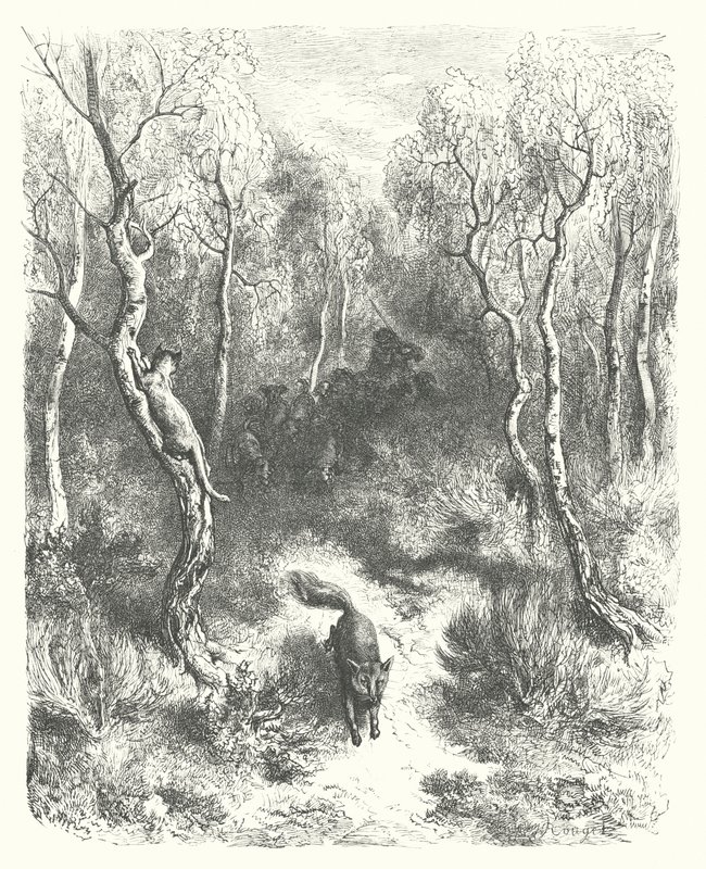 Die Fabeln von La Fontaine: Die Katze und der Fuchs (Gravur) von Gustave Dore