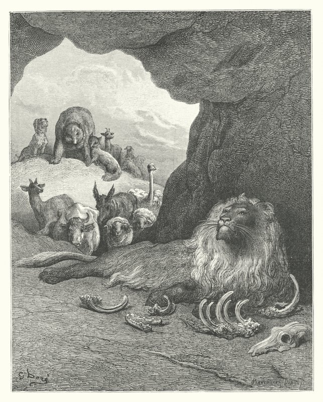 Die Fabeln von La Fontaine: Der kranke Löwe und der Fuchs (Gravur) von Gustave Dore