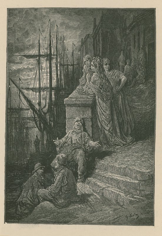 Familie eines Wasserarbeiters auf einer Treppe am Fluss Themse von Gustave Dore