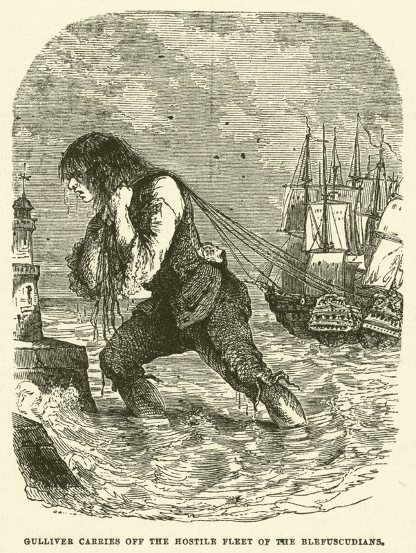 Gulliver trägt die feindliche Flotte der Blefuscudianer davon (Gravur) von after Hablot Knight Browne