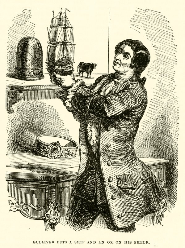 Gulliver stellt ein Schiff und einen Ochsen auf sein Regal (Gravur) von after Hablot Knight Browne