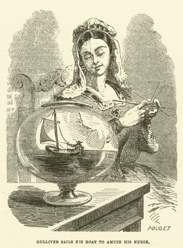 Gulliver segelt mit seinem Boot, um seine Krankenschwester zu amüsieren (Gravur) von after Hablot Knight Browne