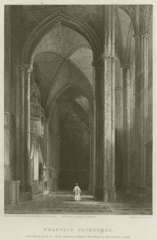 Kathedrale von Beauvais, Nördliches Seitenschiff des Chors, zeigt das Forbins-Denkmal und die alte Uhr von Hablot Knight Browne