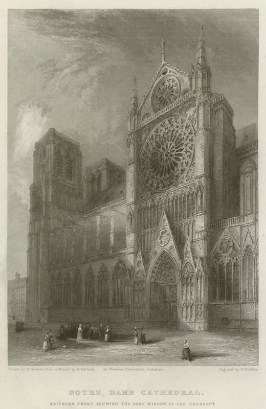 Kathedrale Notre-Dame, Südfront, zeigt das Rosettenfenster des Querschiffs von Hablot Knight Browne