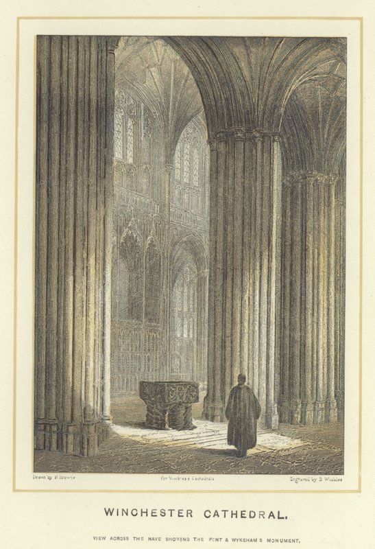 Kathedrale von Winchester, Blick durch das Kirchenschiff auf die Front und das Wykeham-Denkmal von Hablot Knight Browne