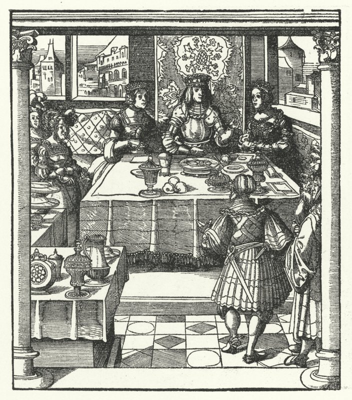 Erzherzog Maximilian von Österreich besucht seine zukünftige Frau, Maria von Burgund, und ihre Mutter, Isabella von Bourbon von Hans (after) Burgkmair