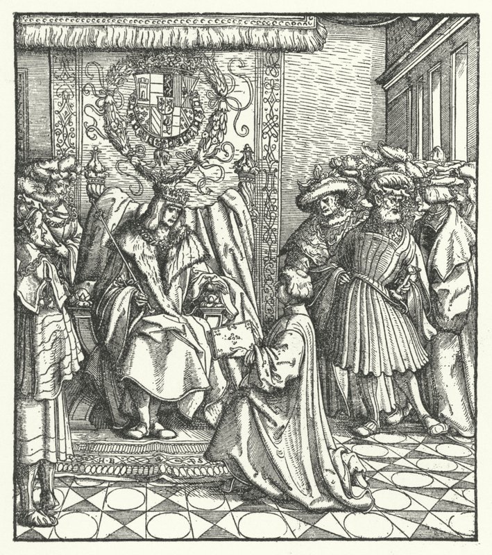 Widmung eines Buches an den Heiligen Römischen Kaiser Maximilian I. (Gravur) von Hans (after) Burgkmair