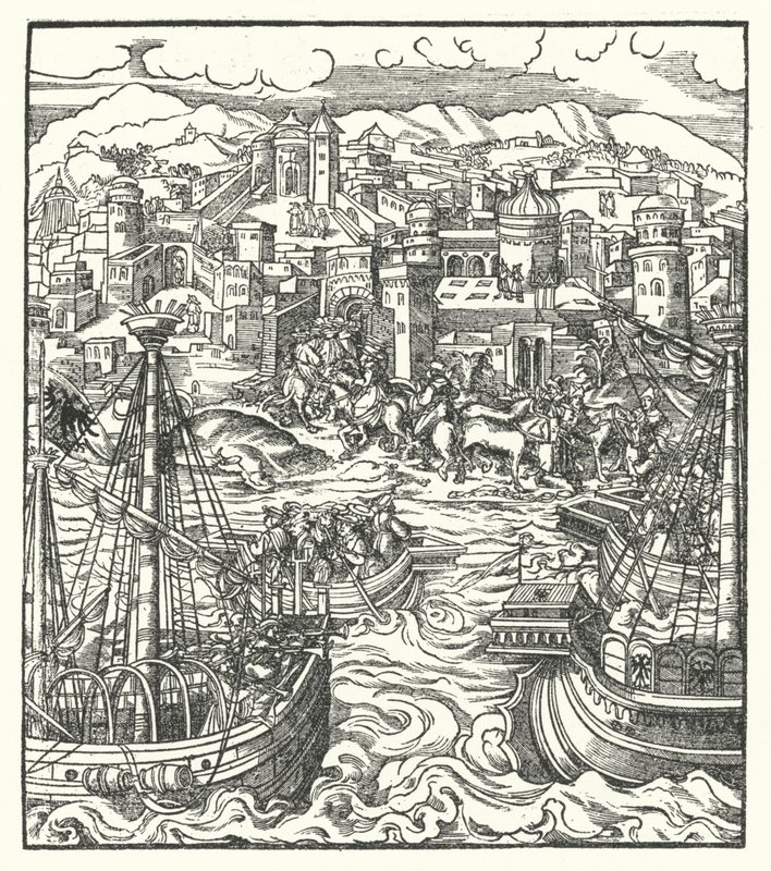 Friedrich III., Heiliger Römischer Kaiser, kommt mit seiner Braut Eleonore von Portugal in Rom an von Hans (after) Burgkmair
