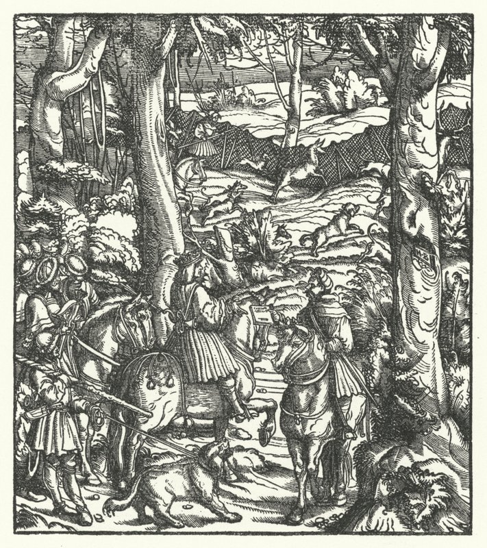 Maximilian I., König der Römer, erhält eine Nachricht während der Jagd von Hans (after) Burgkmair