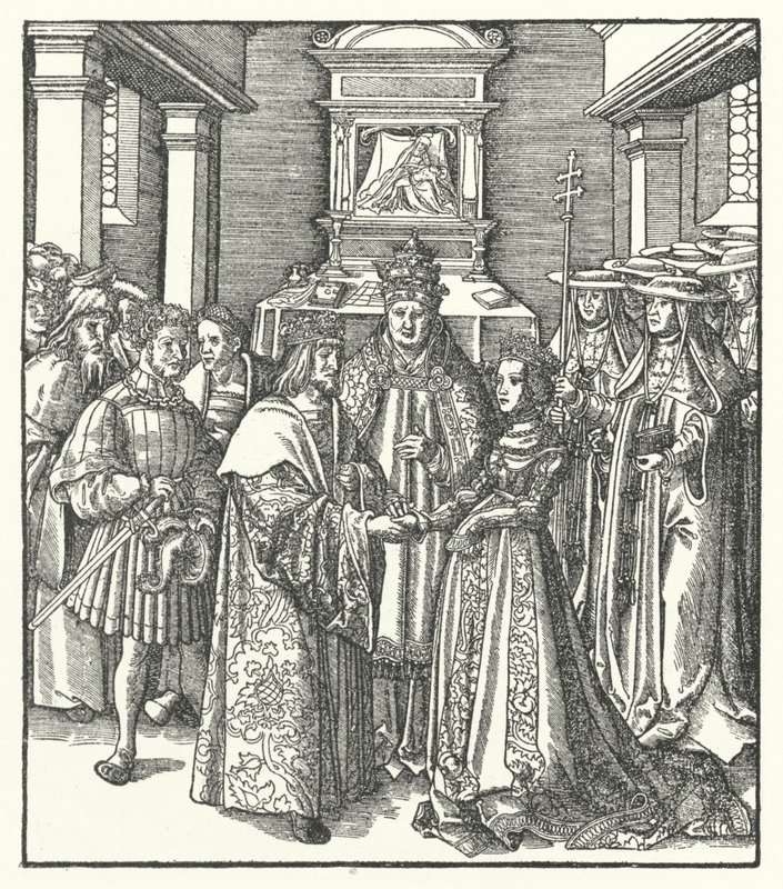 Papst Nikolaus V. leitet die Hochzeit des Heiligen Römischen Kaisers Friedrich III. und Eleonore von Portugal in Rom von Hans (after) Burgkmair