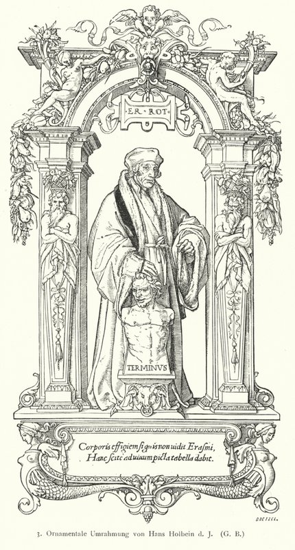 Porträt des niederländischen Renaissance-Humanisten Desiderius Erasmus mit ornamentalem Rahmen (Gravur) von Hans (after) Holbein the Younger