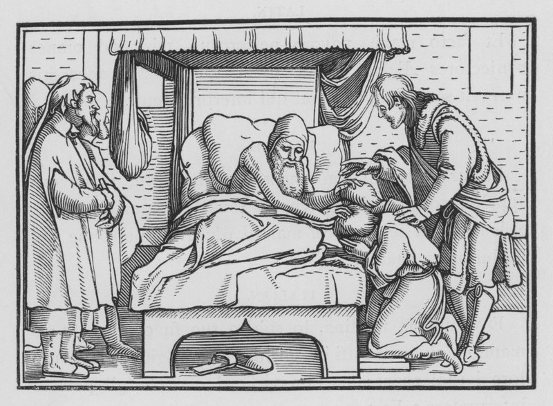 Jakob segnet Joseph und seine zwei Söhne, Genesis XLVIII, 14 von Hans after Holbein the Younger