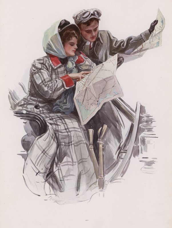 Mann und Frau lesen eine Karte in einem Auto von Harrison Fisher