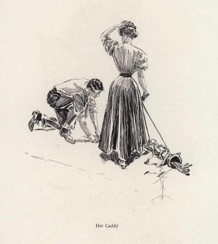 Mann trägt Schläger für eine Frau auf dem Golfplatz von Harrison Fisher