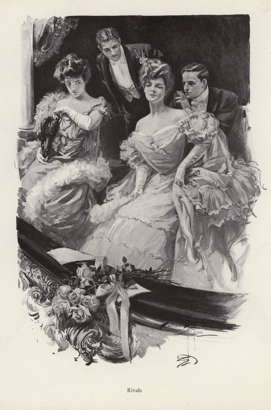 Zwei Frauen in einer Theaterloge konkurrieren um männliche Aufmerksamkeit von Harrison Fisher