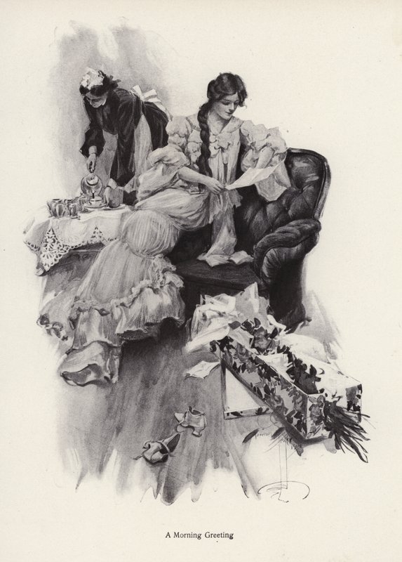 Junge Frau erhält einen Blumenstrauß und einen Brief von einem Verehrer (Lithografie) von Harrison Fisher