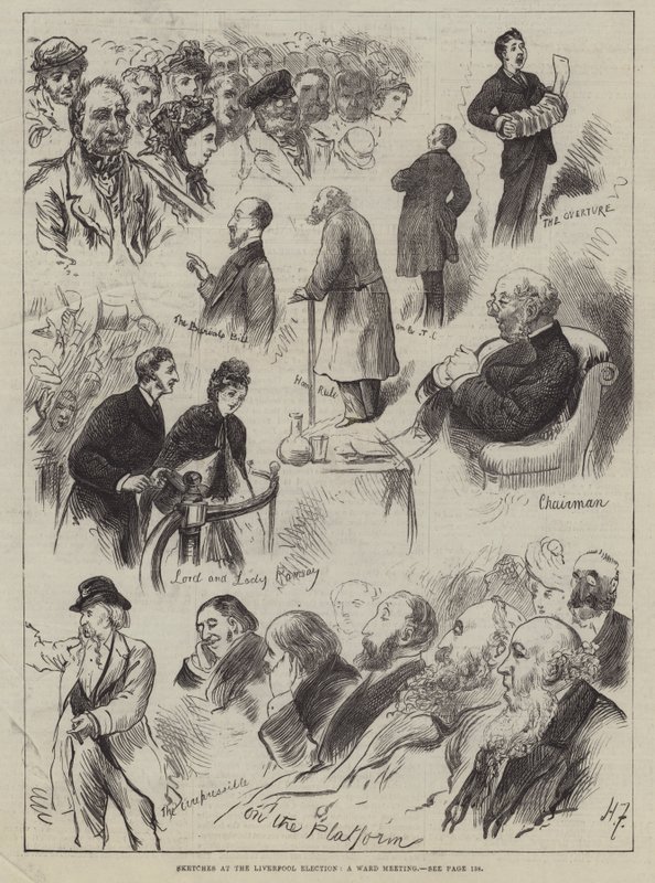 Skizzen bei der Wahl in Liverpool, ein Bezirksversammlung von Harry Furniss