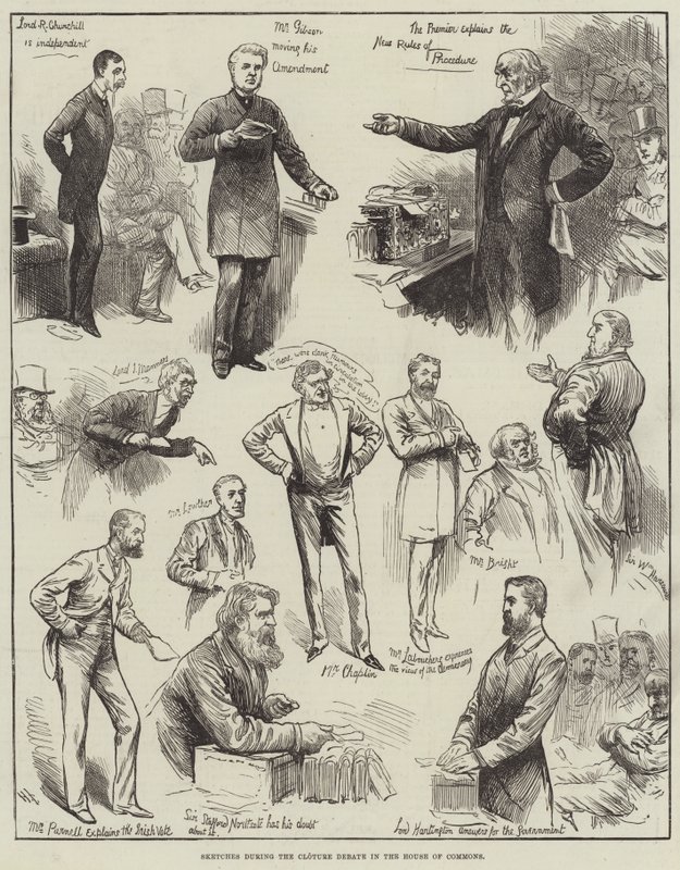 Skizzen während der Cloture-Debatte im Unterhaus von Harry Furniss