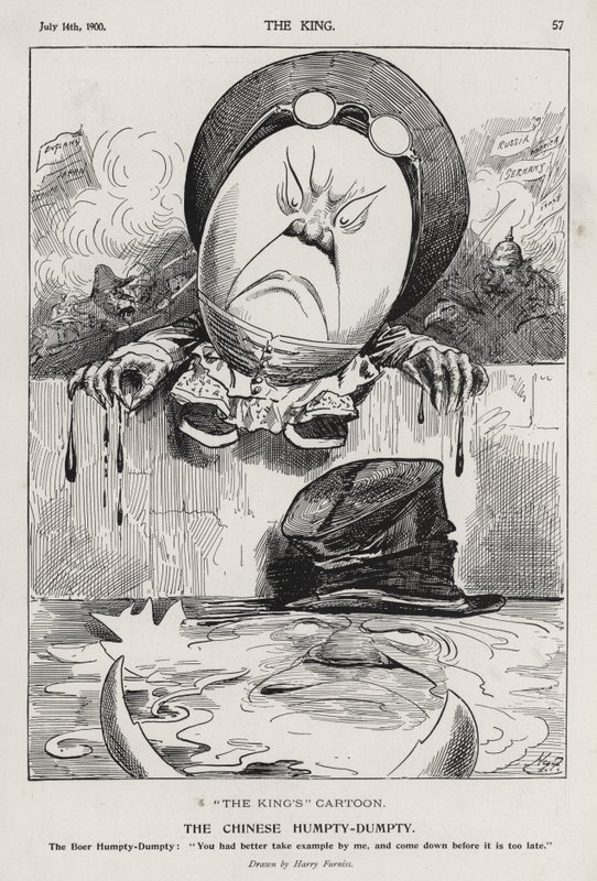 Der chinesische Humpty Dumpty, Karikatur zur Boxer-Rebellion und zum Burenkrieg (Stich) von Harry Furniss