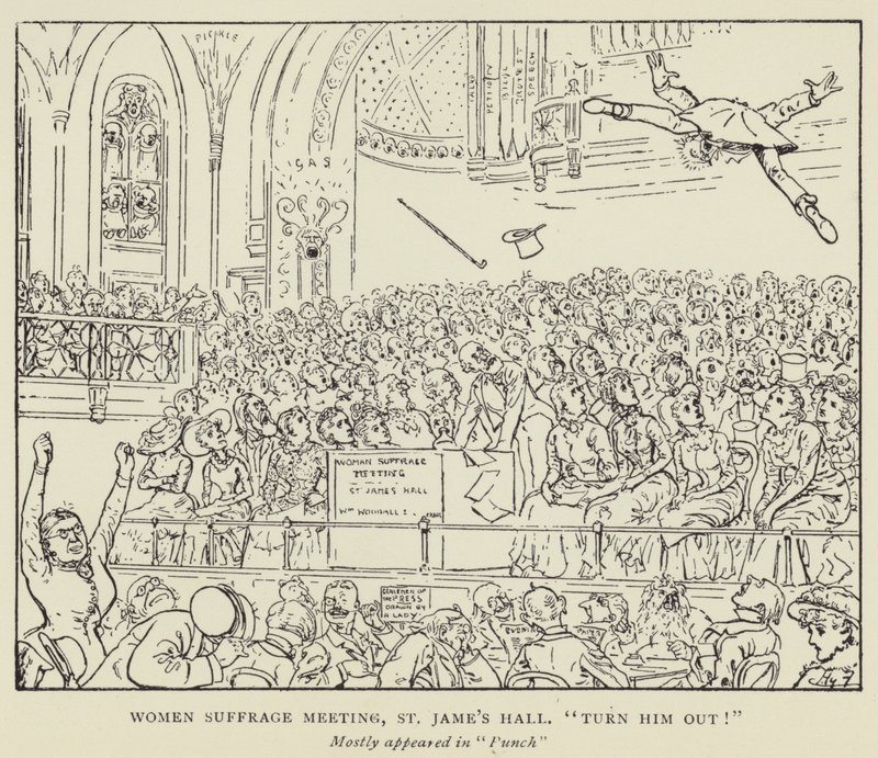 Frauenwahlrechtstreffen, St. James Hall, Wirf ihn raus! von Harry Furniss