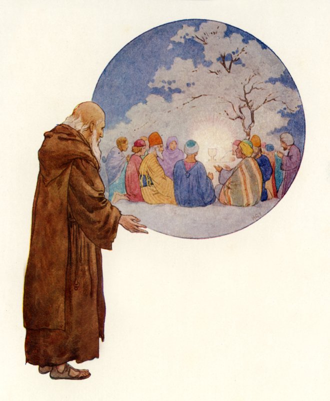 Ein Druide sieht Joseph und seine Begleiter beim ersten Bankett in Britannien von Harry George Theaker