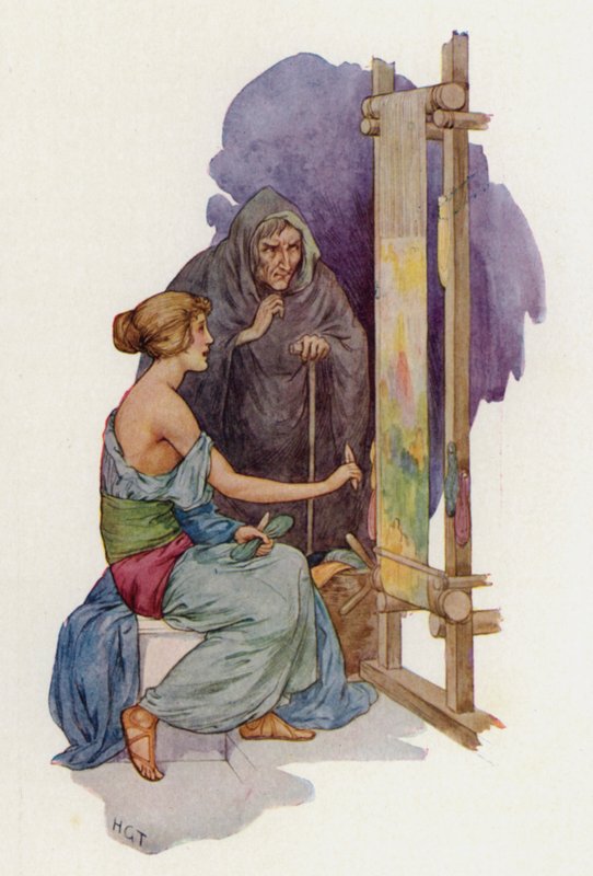 Arachne wird von einer verkleideten Minerva in eine Spinne verwandelt von Harry George Theaker