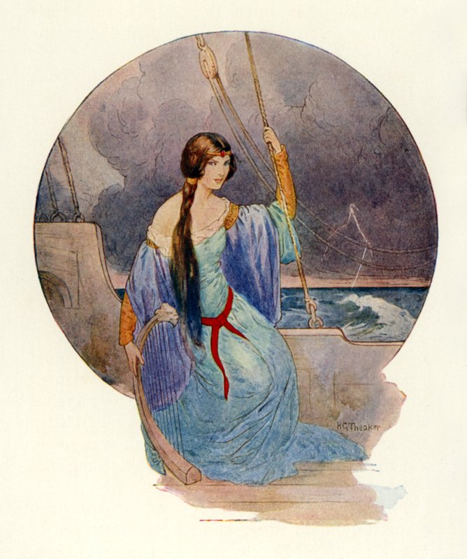 "Endlich, als ein lebendiger Blitzschlag das ganze Schiff in blaue Flammen hüllte, verstummte das Lied plötzlich" von Harry George Theaker