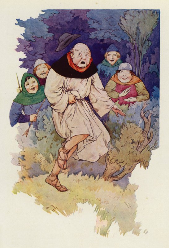 Beim ersten Berühren des Pfeilspitzens durch seine Robe sprang der Abt mit einem Quieken in die Luft von Harry George Theaker