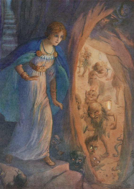 Freyja in der Höhle der Zwerge, aus "Freyjas Halskette" von Harry George Theaker